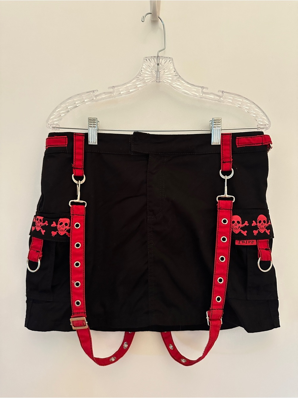 Tripp NYC Black Cargo Mini Skirt with Red Skull & Strap Details